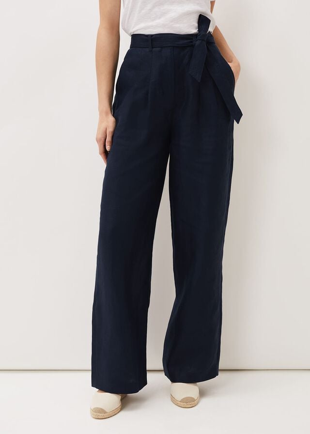 Navy Phase Eight Aaliyah Linen Wide Legs Trousers | 6739BDMQC