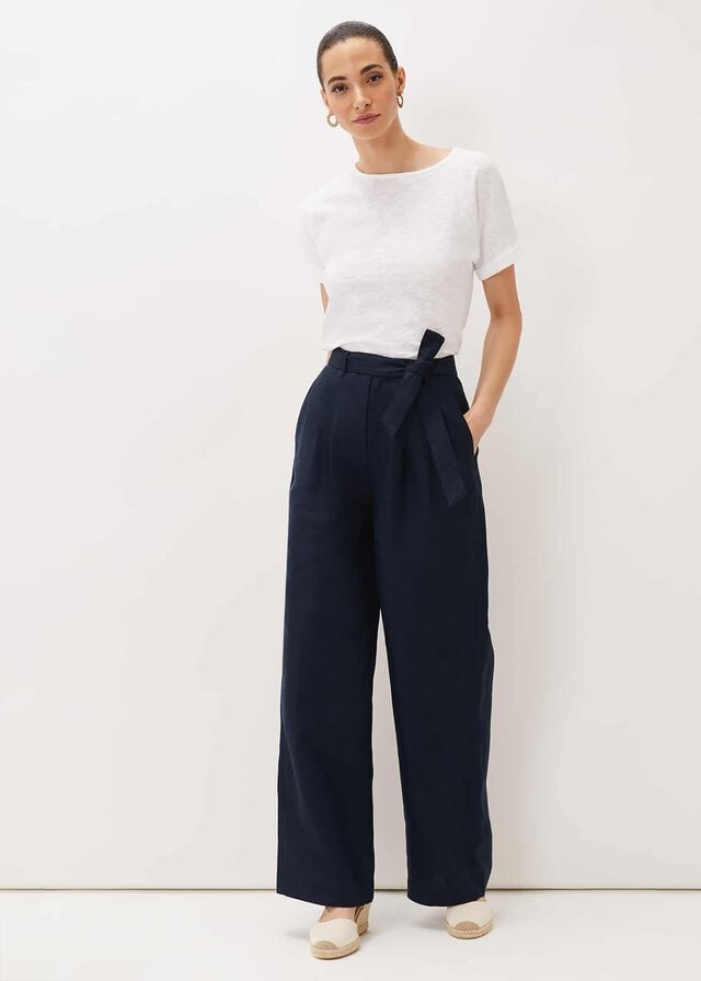 Navy Phase Eight Aaliyah Linen Wide Legs Trousers | 6739BDMQC