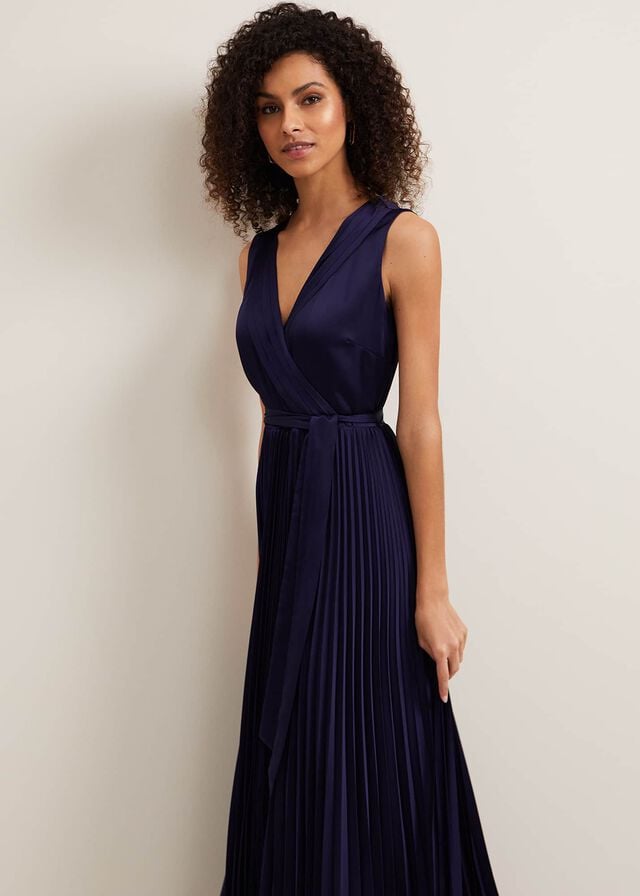 Navy Phase Eight Bonnie Pleat Wrap Satin Dress | 5723IPOVW