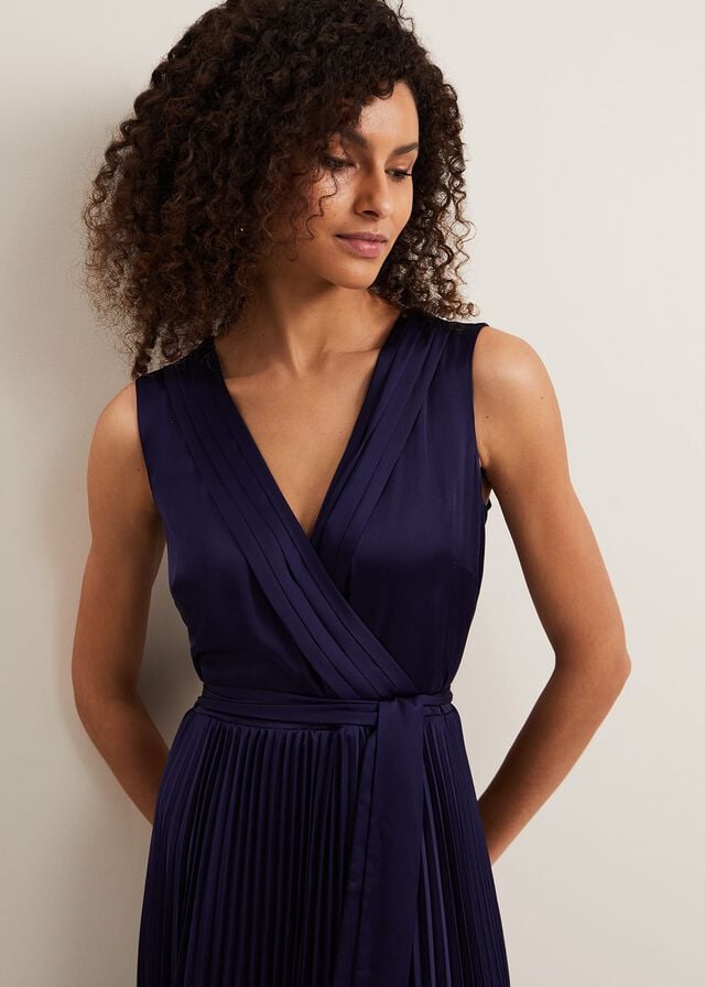 Navy Phase Eight Bonnie Pleat Wrap Satin Dress | 5723IPOVW