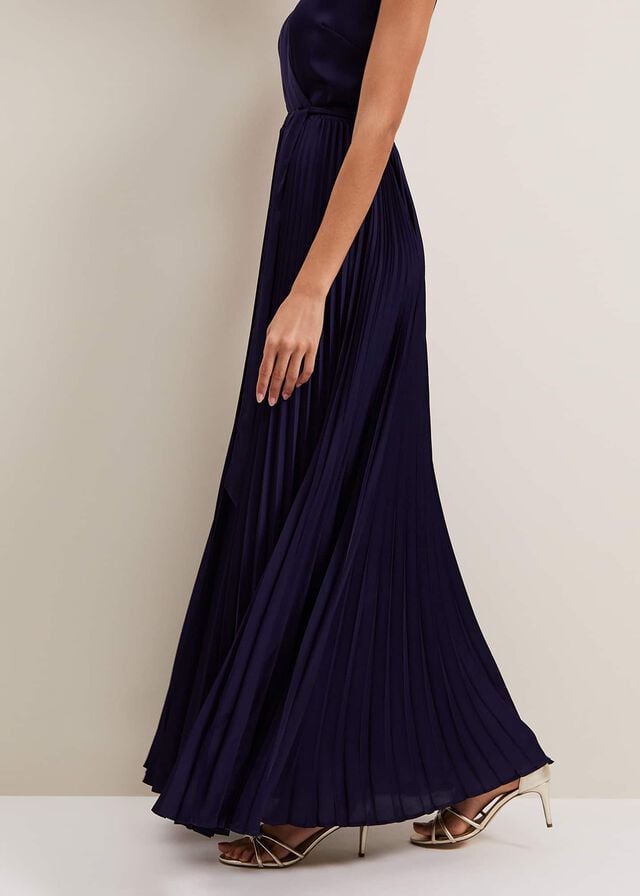 Navy Phase Eight Bonnie Pleat Wrap Satin Dress | 5723IPOVW