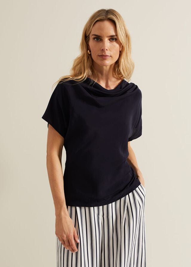 Navy Phase Eight Cheryl Cowl Neck Woven Front T Shirts | 3704WPCXN