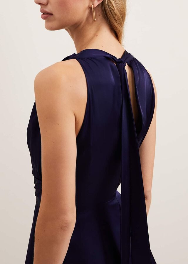 Navy Phase Eight Daliah High Neck Satin Dress | 2081FZJCT