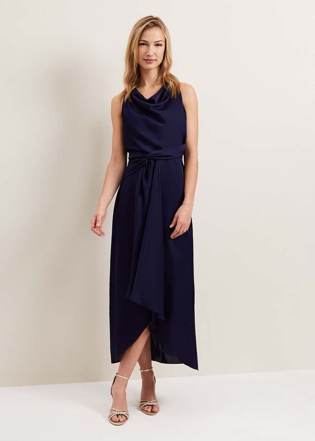 Navy Phase Eight Daliah High Neck Satin Dress | 2081FZJCT