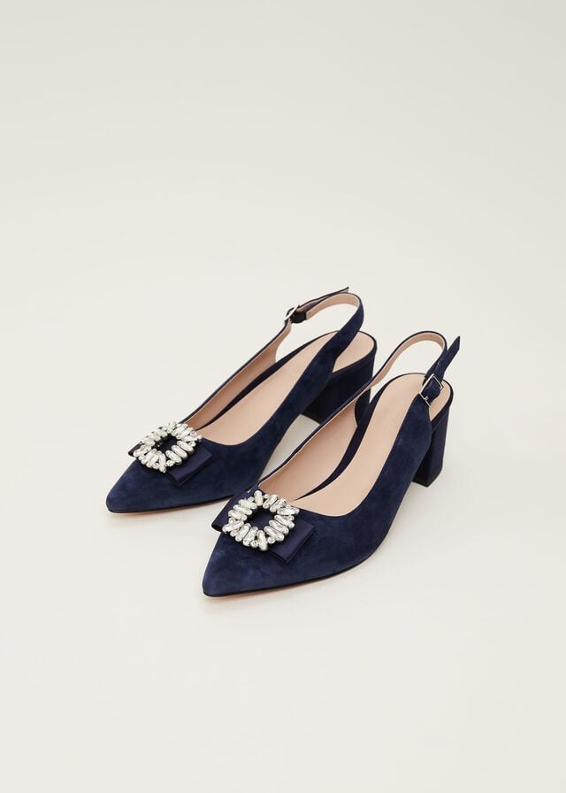 Navy Phase Eight Embellished Toe Block Slingback Heels | 4860NTCKR