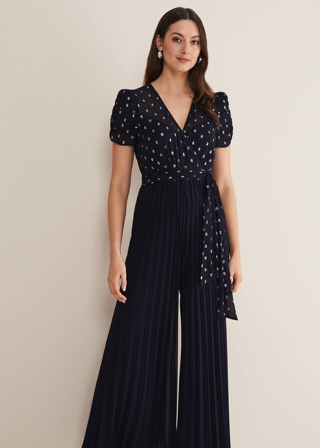 Navy Phase Eight Molli Spot Pleated Jumpsuit | 9147OQRML