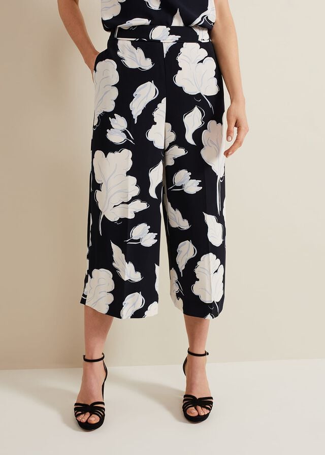 Navy Phase Eight Noelle Floral Print Culotte Trousers | 1748DBPJR