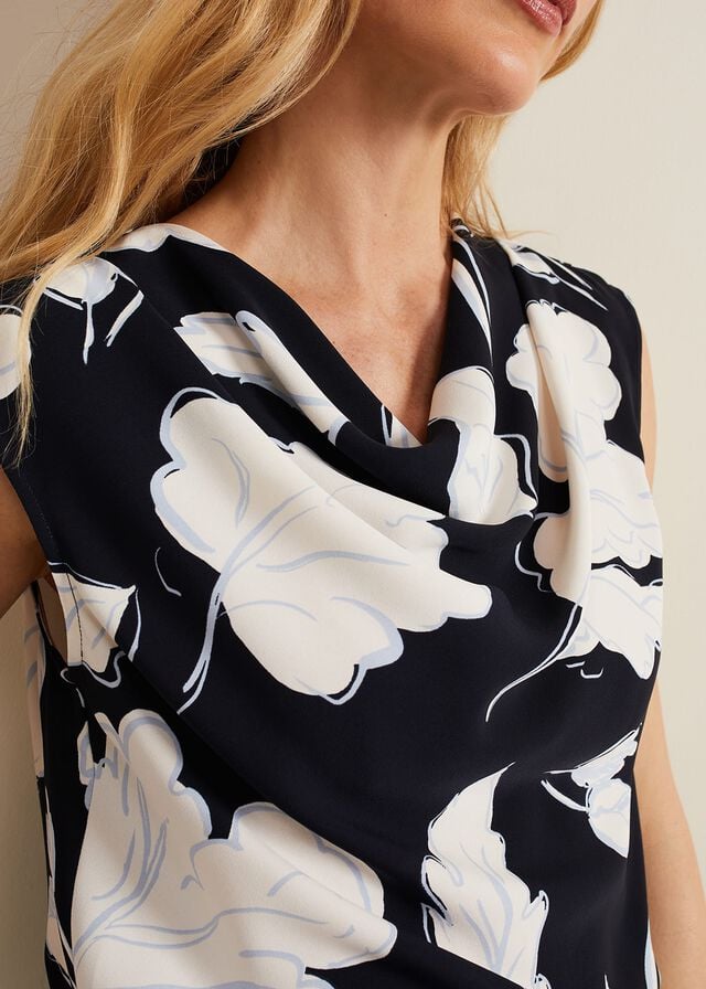 Navy Phase Eight Noelle Leaf Print Cowl Neck Shirts | 4561UYTLK