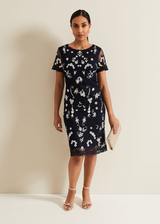 Navy Phase Eight Petite Florisa Embroidered Dress | 1306XJSRC