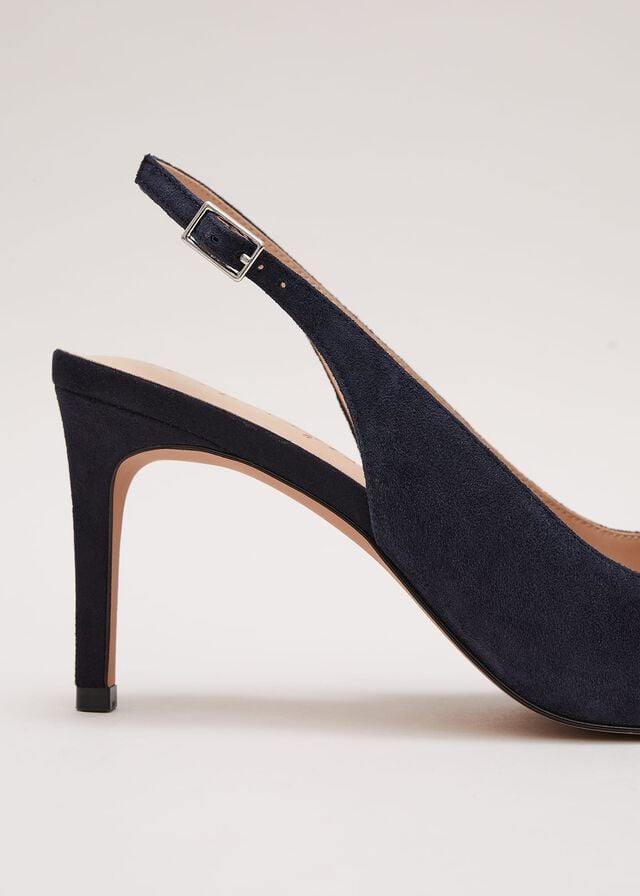 Navy Phase Eight Suede Pointed Bow Slingback Heels | 5089DBAVY