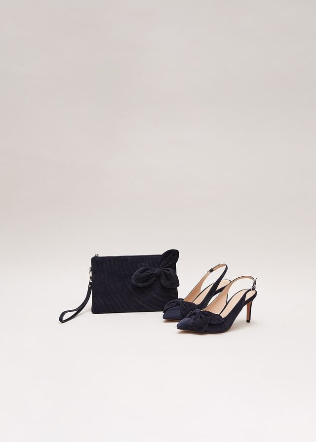 Navy Phase Eight Suede Pointed Bow Slingback Heels | 5089DBAVY