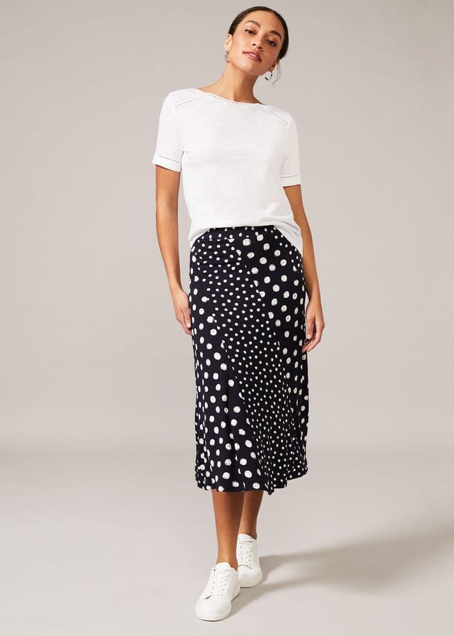 Navy / White Phase Eight Denia Mixed Spot Panelled Skirts | 7564IRVSQ