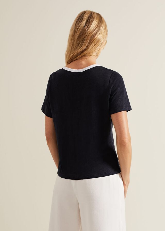 Navy / White Phase Eight Dorothy Contrast Piping Linen T Shirts | 3095FXRHM