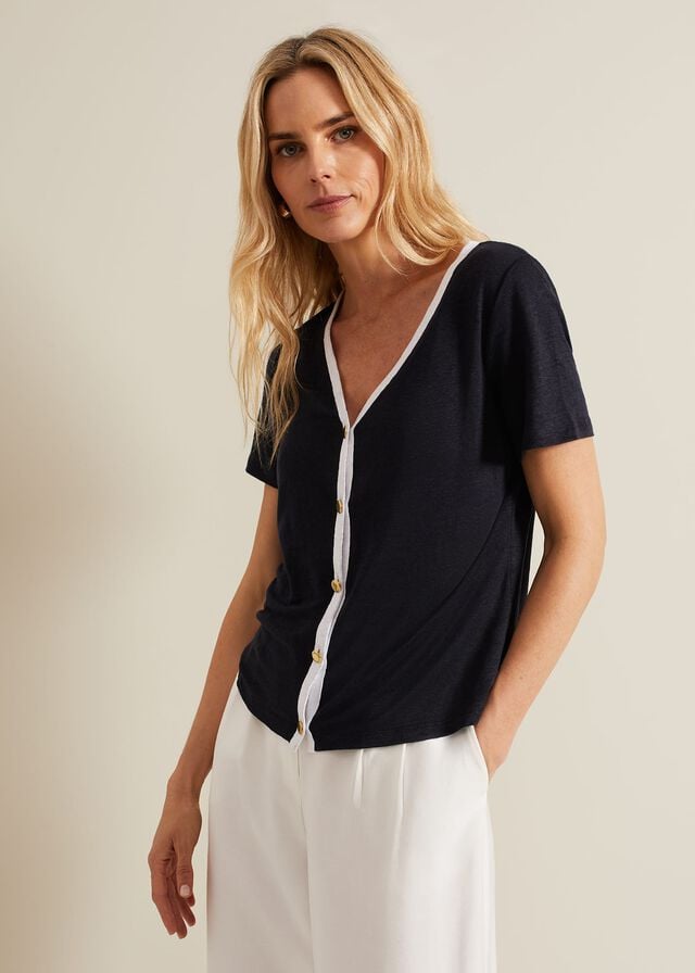 Navy / White Phase Eight Dorothy Contrast Piping Linen T Shirts | 3095FXRHM