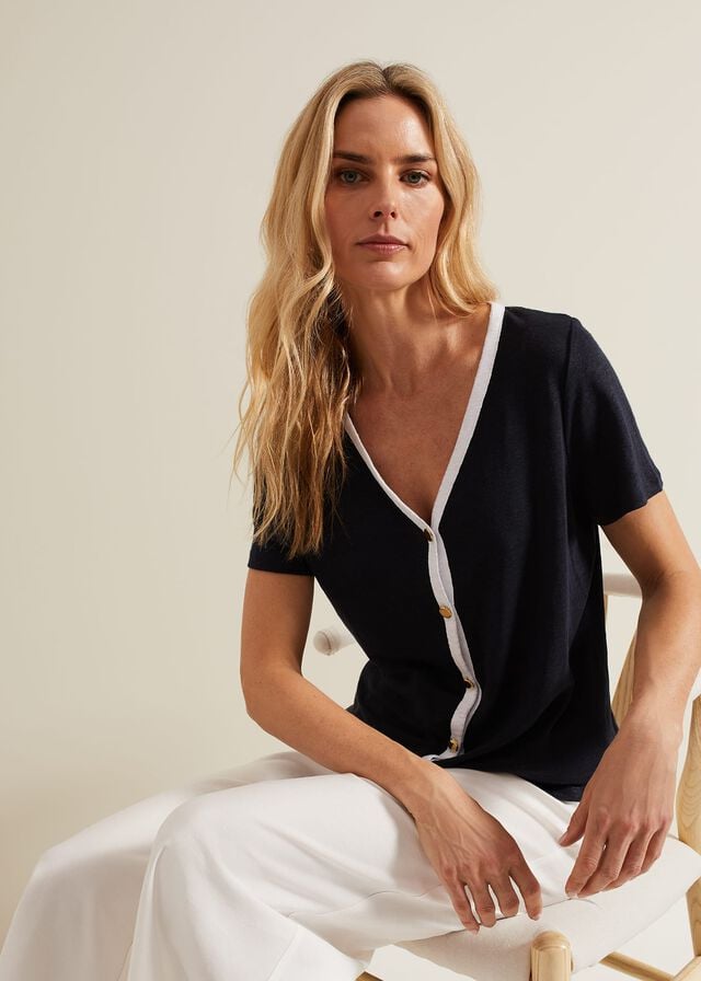 Navy / White Phase Eight Dorothy Contrast Piping Linen T Shirts | 3095FXRHM