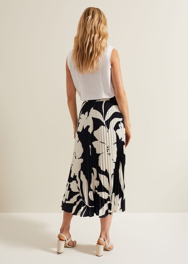 Navy / White Phase Eight Elmina Floral Pleated Skirts | 6503KQFRJ