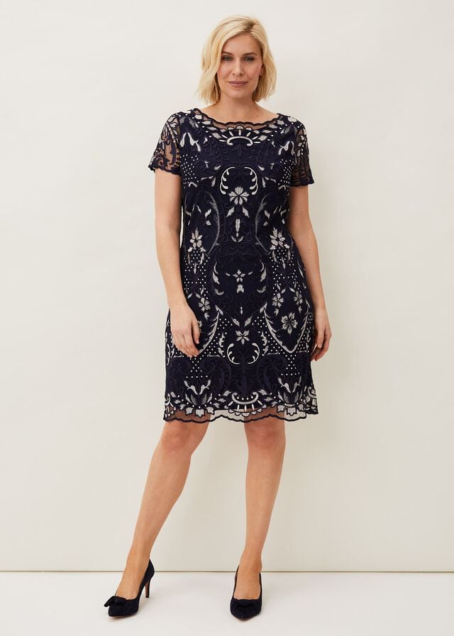 Navy / White Phase Eight Lizzy Embroidered Dress | 0871YXQIA