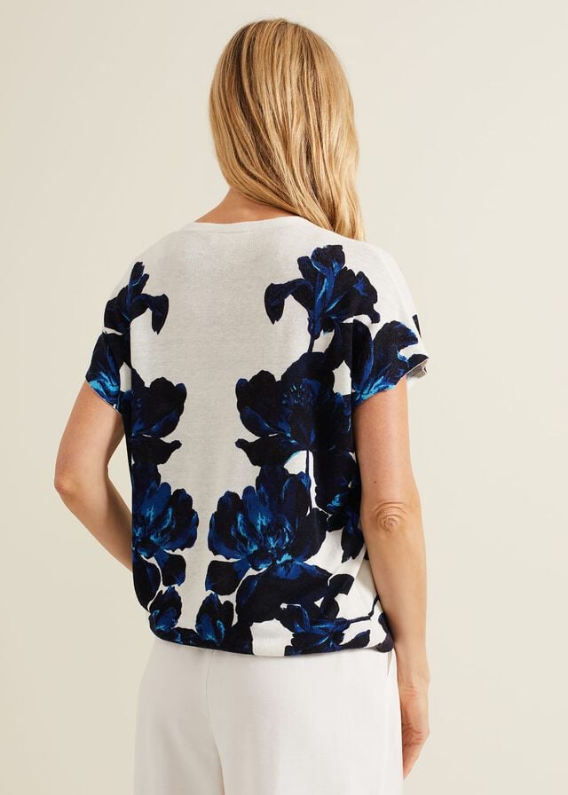 Navy / White Phase Eight Mia Floral Print Linen Knitwear | 2416FMZEB