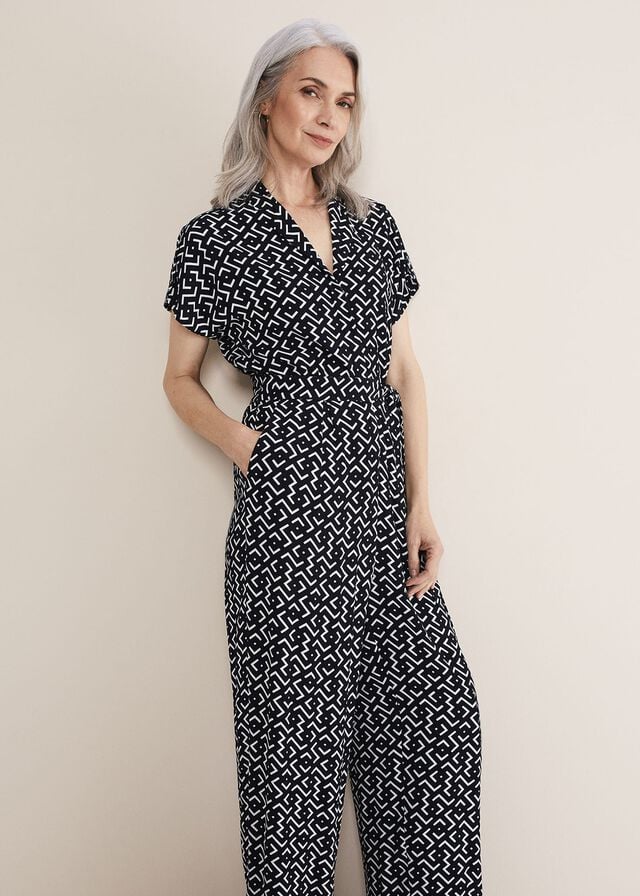 Navy / White Phase Eight Paige Abstract Print Wide Leg Jumpsuit | 6975MSPCA