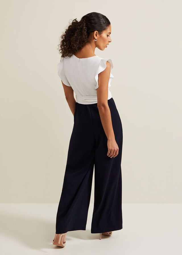 Navy / White Phase Eight Petite Ayla Ruffle Colourblock Jumpsuit | 0152ECTIA