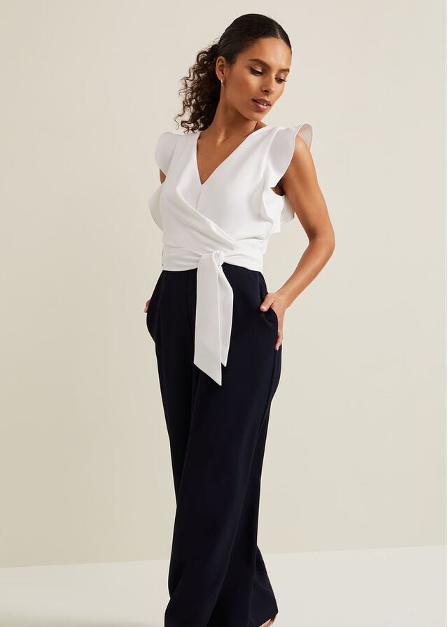 Navy / White Phase Eight Petite Ayla Ruffle Colourblock Jumpsuit | 0152ECTIA