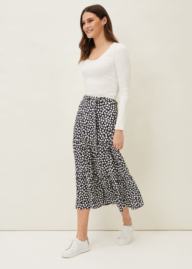 Navy / White Phase Eight Tana Leaf Print Skirts | 4517DNEJV