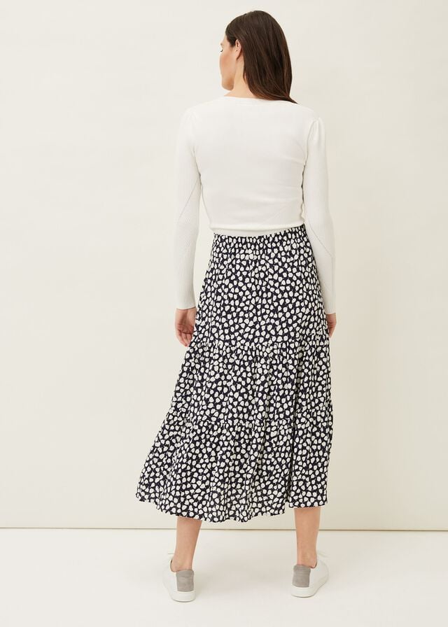 Navy / White Phase Eight Tana Leaf Print Skirts | 4517DNEJV