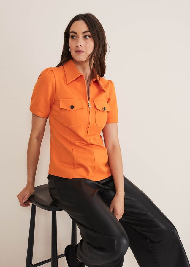 Orange Phase Eight Shaden Zip Front Ponte Shirts | 6253GHMPC