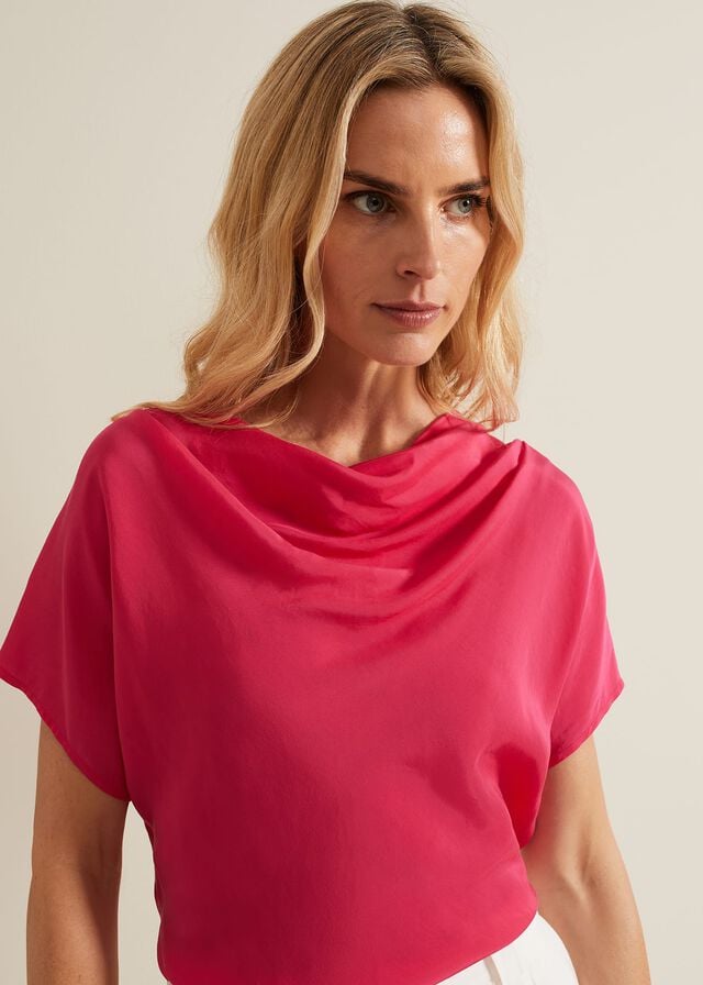 Pink Phase Eight Cheryl Cowl Neck Woven Front T Shirts | 2901UNAMJ