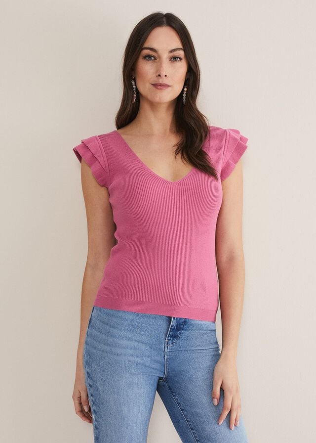 Pink Phase Eight Flory Frill Sleeve Vest Knitwear | 4396SCAIZ