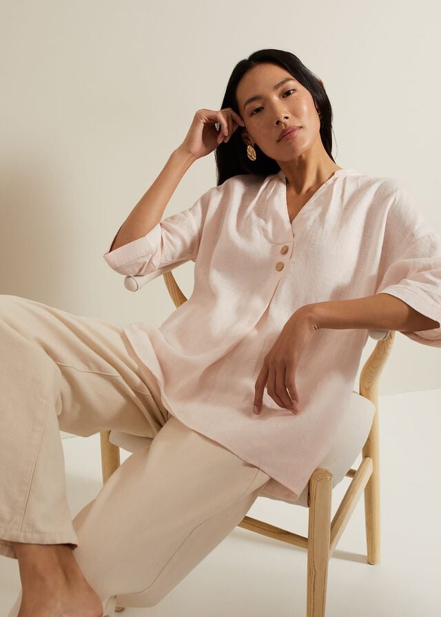 Pink Phase Eight Posie Button Front Linen T Shirts | 8053IVHKC