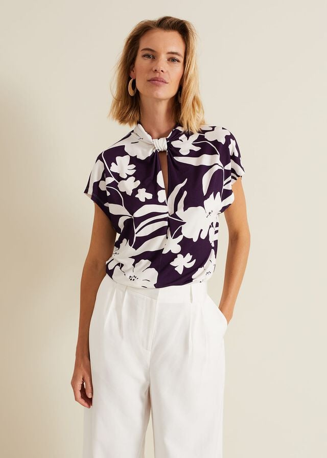 Purple Phase Eight Farley Floral Twist Neck T Shirts | 5971TCVPB