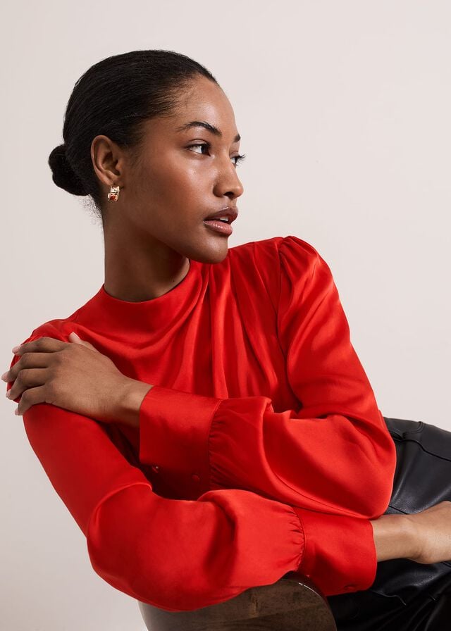 Red Phase Eight Danica Satin Drape Shirts | 4782OLTMA