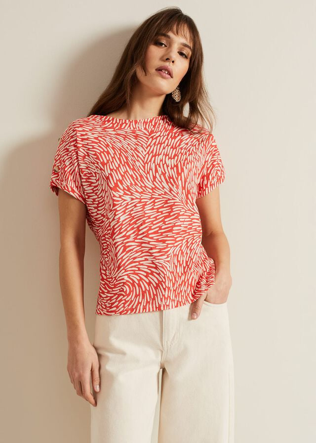 Red Phase Eight Suzie Button Detail Printed T Shirts | 4793XFGPY