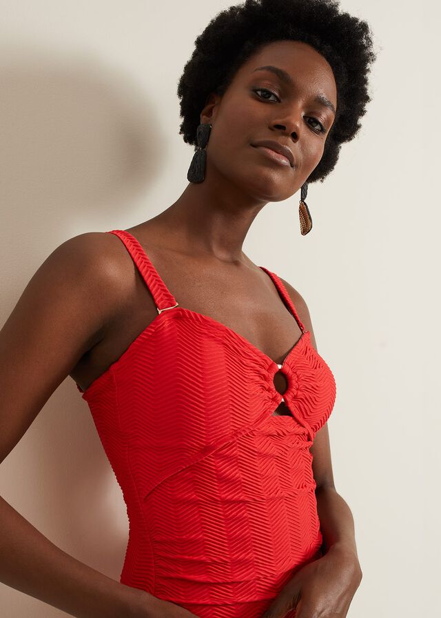 Red Phase Eight Textured Plain Ring Detail Swimwear | 9486PKSWC