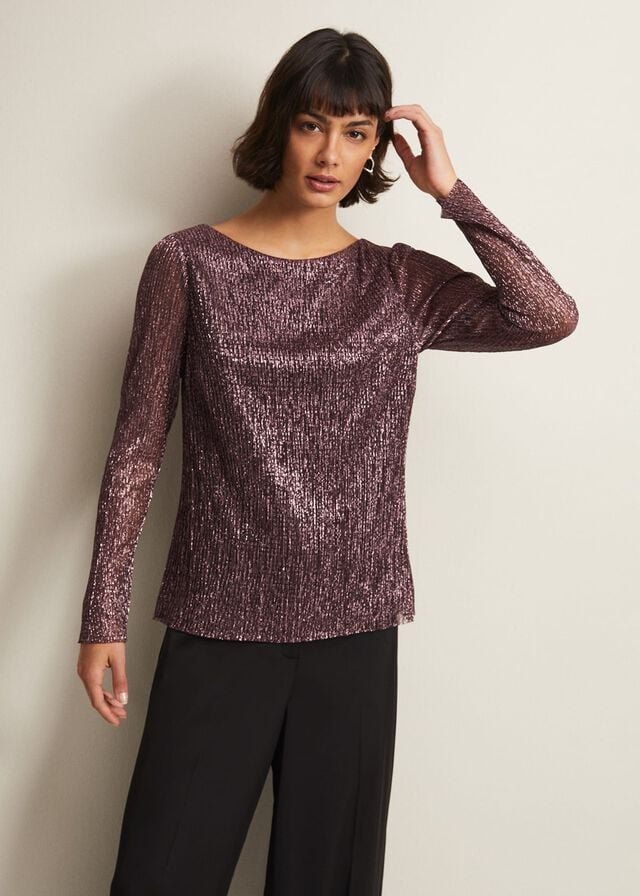 Rose / Gold Phase Eight Alix Sparkly Plisse Shirts | 7428TVGRL