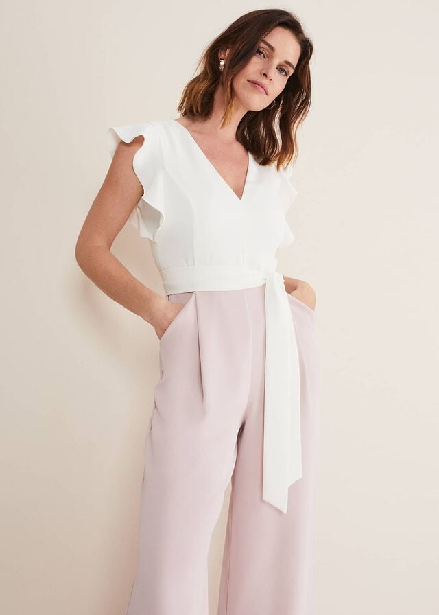 Rose / White Phase Eight Kallie V Neck Frill Jumpsuit | 4821USOCF