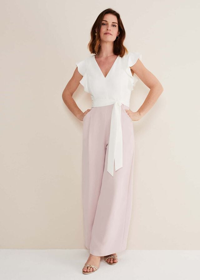 Rose / White Phase Eight Kallie V Neck Frill Jumpsuit | 4821USOCF