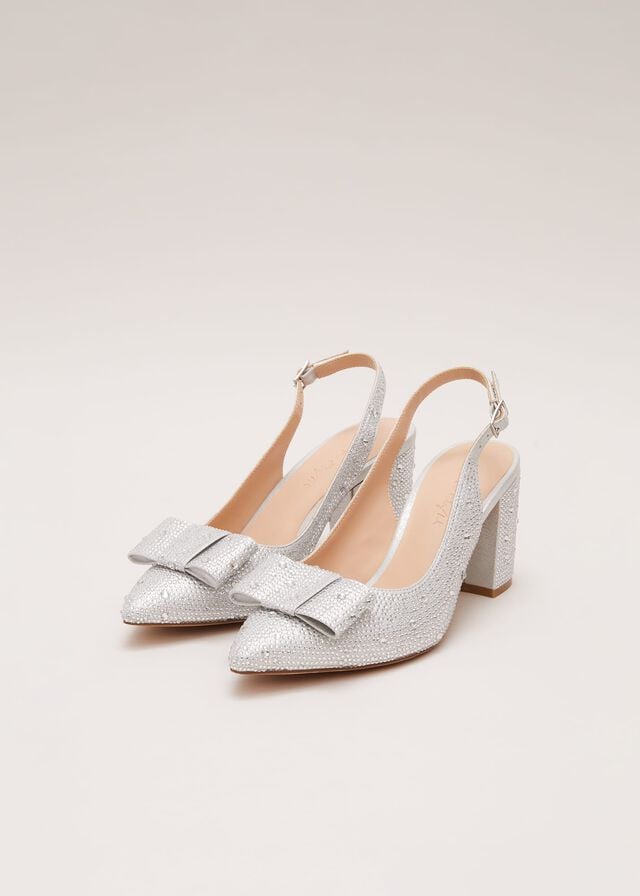 Silver Phase Eight Embellished Bow Block Slingback Heels | 5207SRBHC