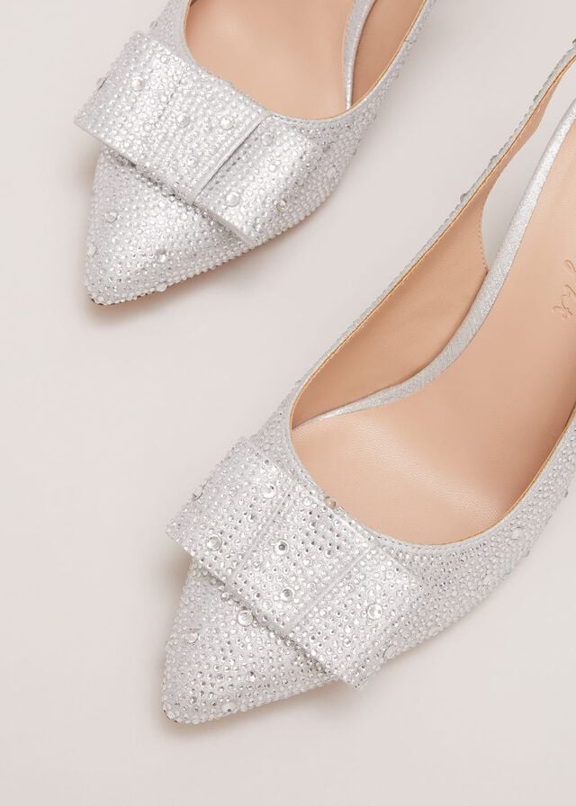 Silver Phase Eight Embellished Bow Block Slingback Heels | 5207SRBHC