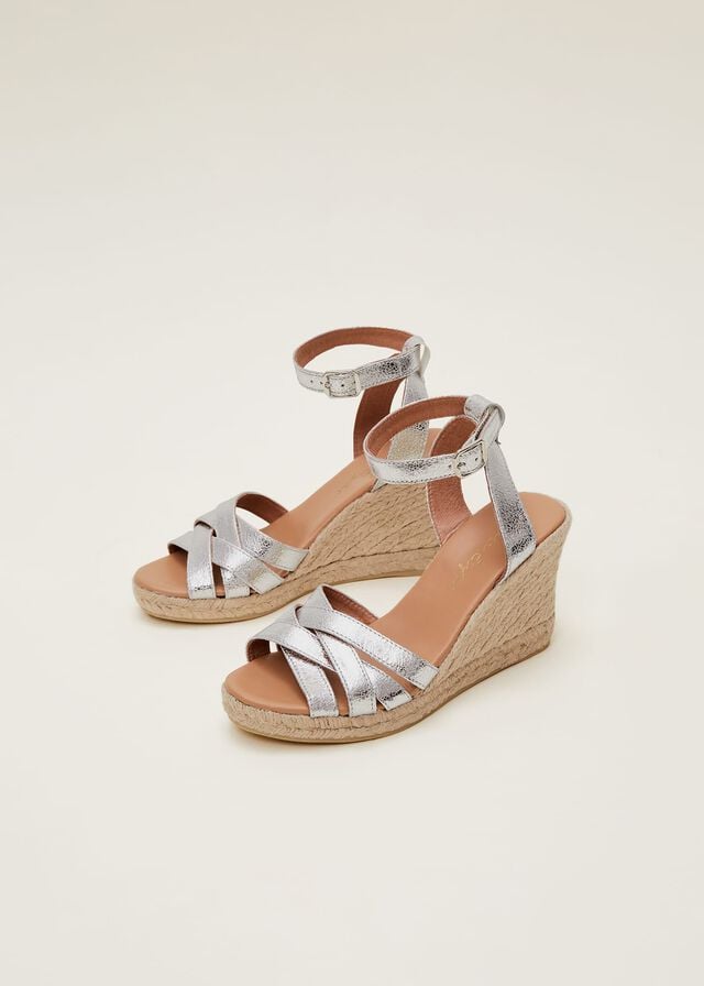 Silver Phase Eight Leather Strappy Espadrilles Heels | 2517UOFJH