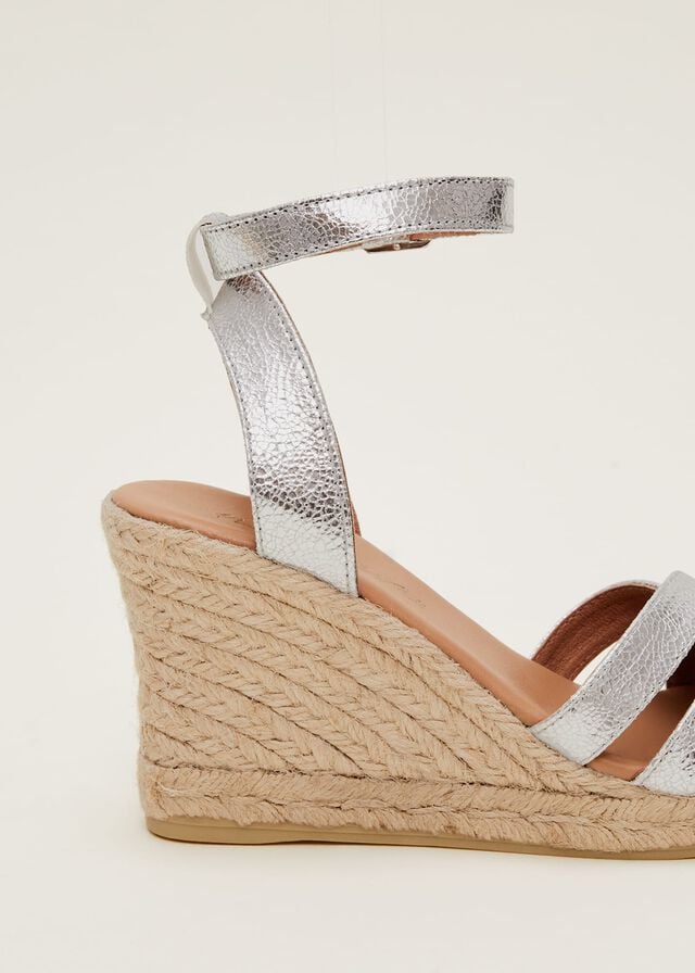 Silver Phase Eight Leather Strappy Espadrilles Heels | 2517UOFJH