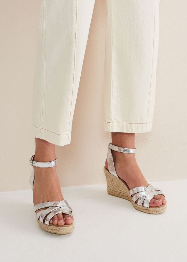 Silver Phase Eight Leather Strappy Espadrilles Heels | 2517UOFJH