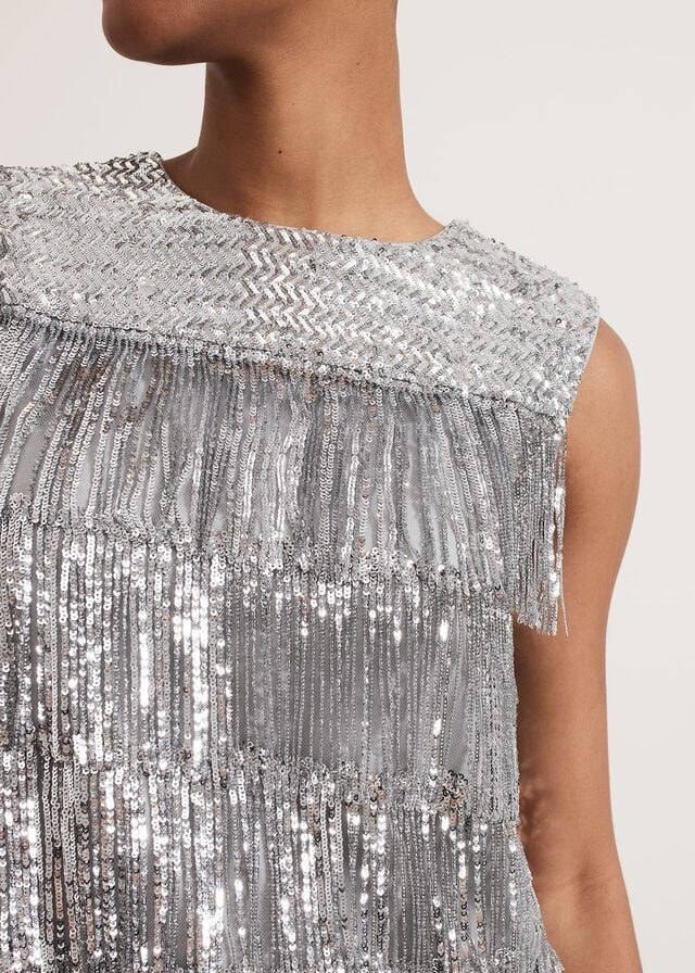 Silver Phase Eight Lula Fringe Sequin Dress | 7431OFHBG