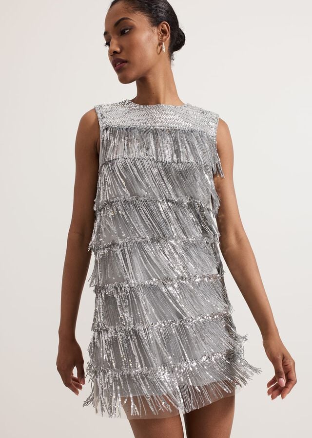 Silver Phase Eight Lula Fringe Sequin Dress | 7431OFHBG