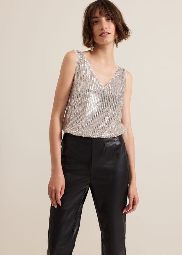 Silver Phase Eight Lumi Sequin Vest T Shirts | 2438OMYRG