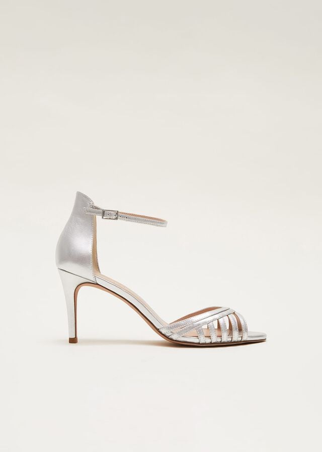 Silver Phase Eight Silver Leather Open Toe Heels | 1473HBEJT