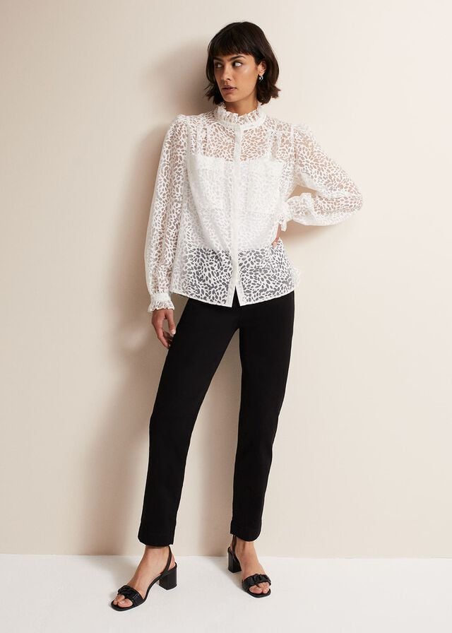 White Phase Eight Astella Ruffle Burnout Shirts | 2803ULXIV