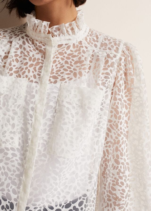 White Phase Eight Astella Ruffle Burnout Shirts | 2803ULXIV