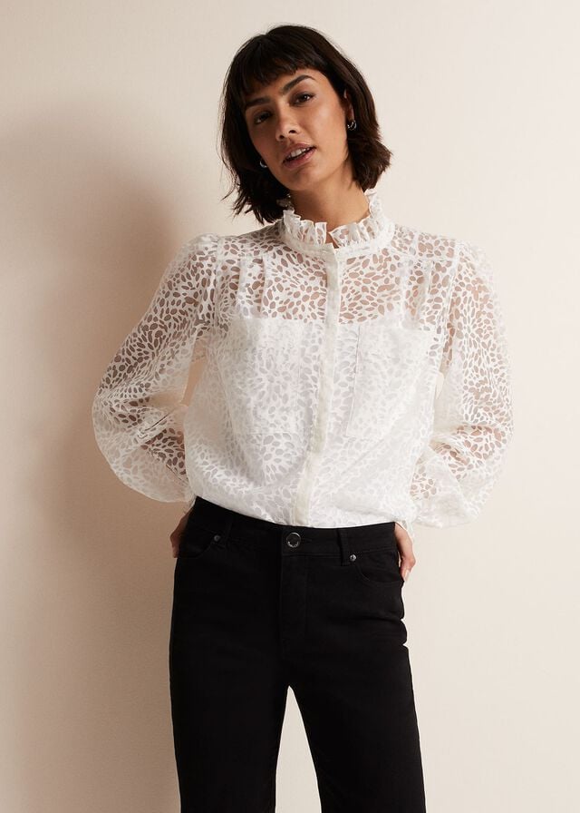 White Phase Eight Astella Ruffle Burnout Shirts | 2803ULXIV